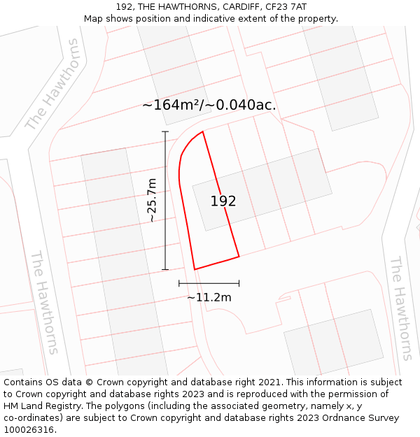 192, THE HAWTHORNS, CARDIFF, CF23 7AT: Plot and title map