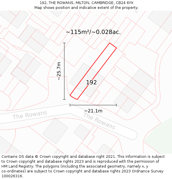192, THE ROWANS, MILTON, CAMBRIDGE, CB24 6YX: Plot and title map