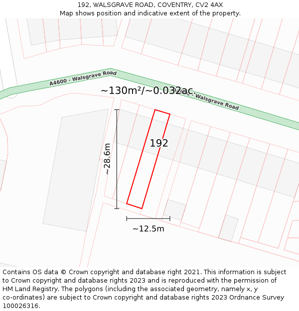 192, WALSGRAVE ROAD, COVENTRY, CV2 4AX: Plot and title map