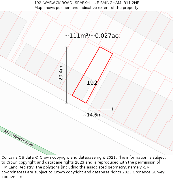 192, WARWICK ROAD, SPARKHILL, BIRMINGHAM, B11 2NB: Plot and title map