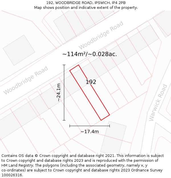 192, WOODBRIDGE ROAD, IPSWICH, IP4 2PB: Plot and title map