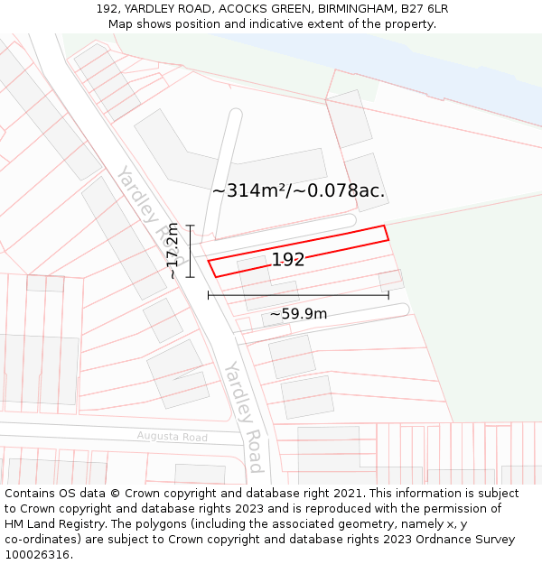 192, YARDLEY ROAD, ACOCKS GREEN, BIRMINGHAM, B27 6LR: Plot and title map