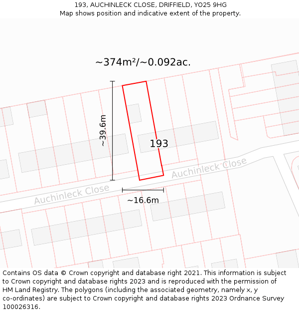 193, AUCHINLECK CLOSE, DRIFFIELD, YO25 9HG: Plot and title map