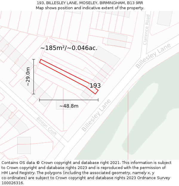 193, BILLESLEY LANE, MOSELEY, BIRMINGHAM, B13 9RR: Plot and title map