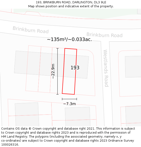 193, BRINKBURN ROAD, DARLINGTON, DL3 9LE: Plot and title map