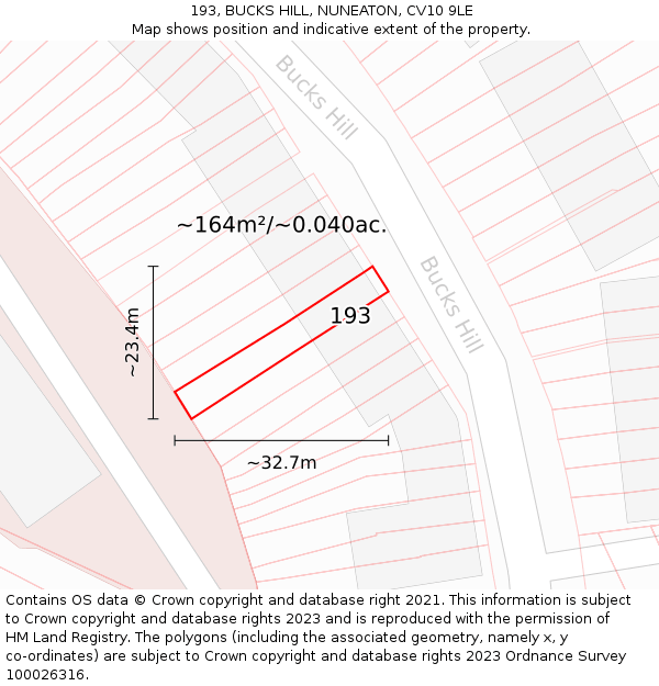 193, BUCKS HILL, NUNEATON, CV10 9LE: Plot and title map