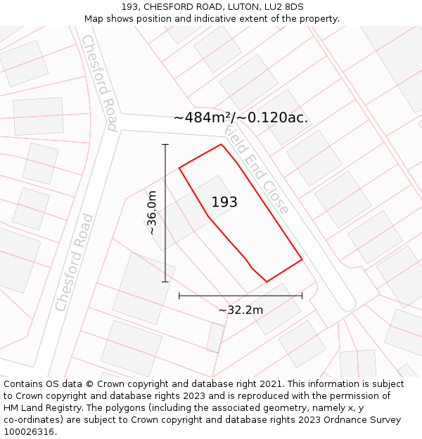 193, CHESFORD ROAD, LUTON, LU2 8DS: Plot and title map