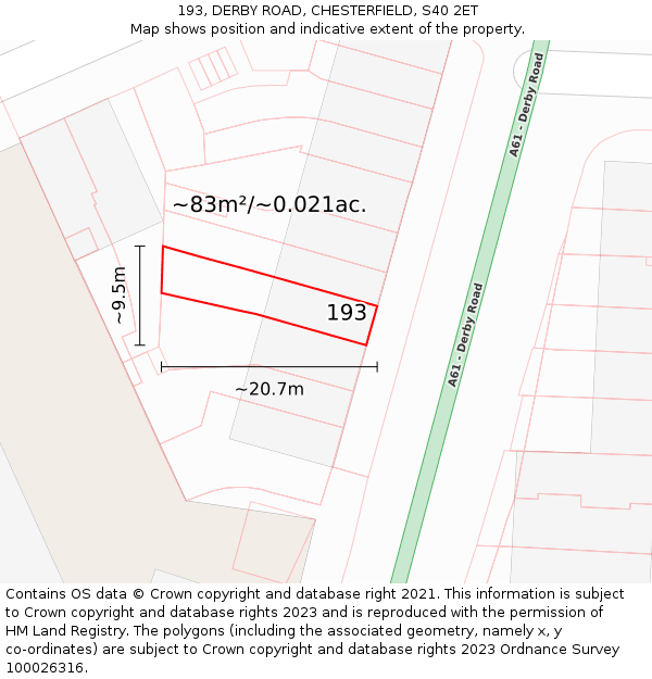 193, DERBY ROAD, CHESTERFIELD, S40 2ET: Plot and title map