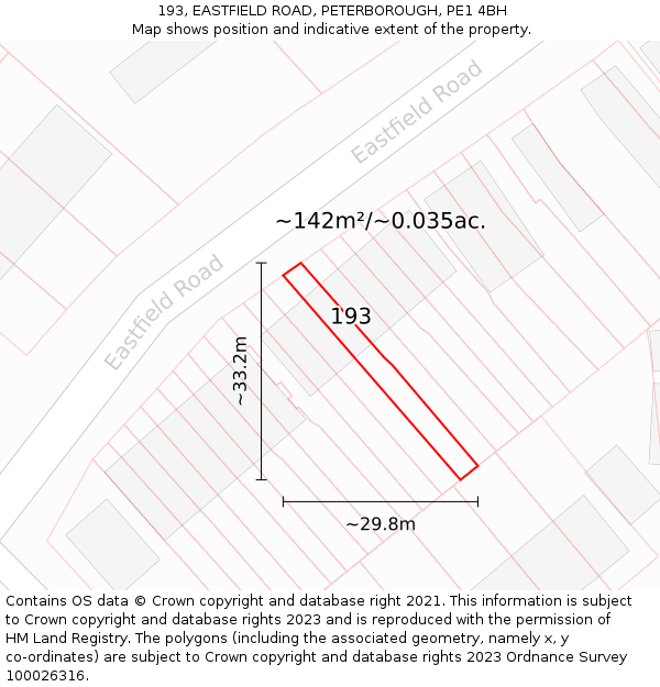 193, EASTFIELD ROAD, PETERBOROUGH, PE1 4BH: Plot and title map