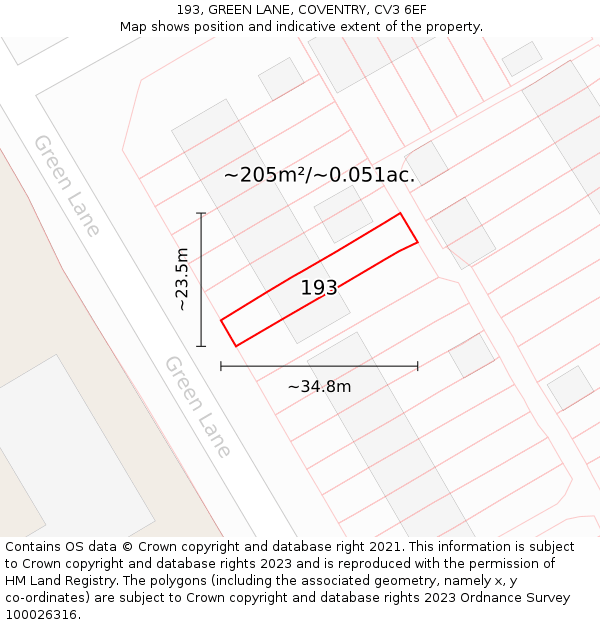 193, GREEN LANE, COVENTRY, CV3 6EF: Plot and title map