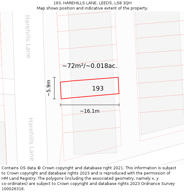 193, HAREHILLS LANE, LEEDS, LS8 3QH: Plot and title map