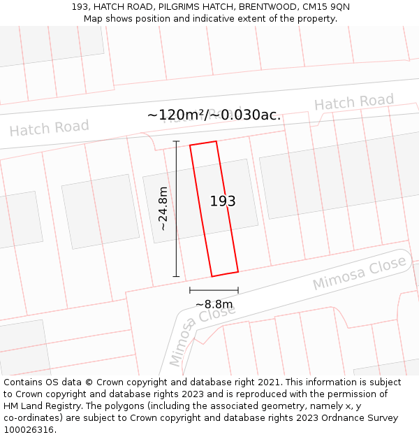 193, HATCH ROAD, PILGRIMS HATCH, BRENTWOOD, CM15 9QN: Plot and title map
