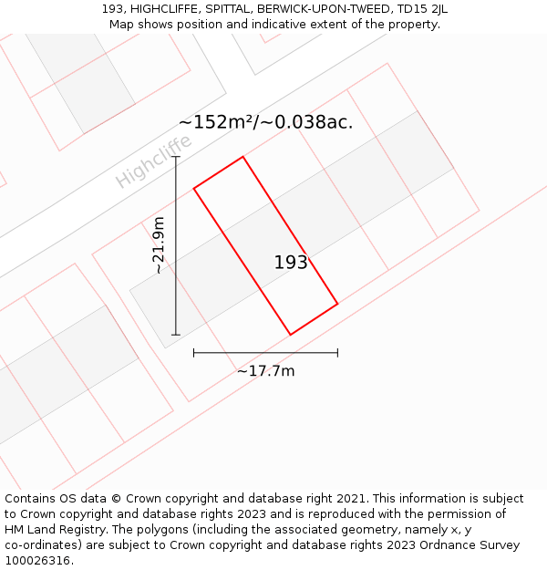 193, HIGHCLIFFE, SPITTAL, BERWICK-UPON-TWEED, TD15 2JL: Plot and title map