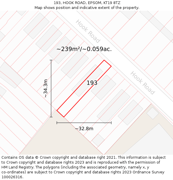 193, HOOK ROAD, EPSOM, KT19 8TZ: Plot and title map