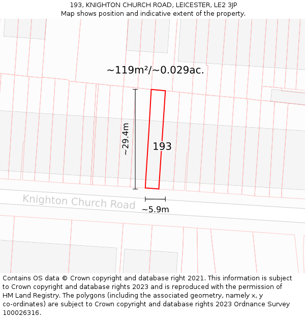 193, KNIGHTON CHURCH ROAD, LEICESTER, LE2 3JP: Plot and title map