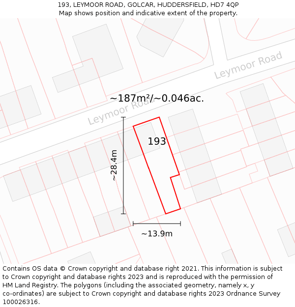 193, LEYMOOR ROAD, GOLCAR, HUDDERSFIELD, HD7 4QP: Plot and title map
