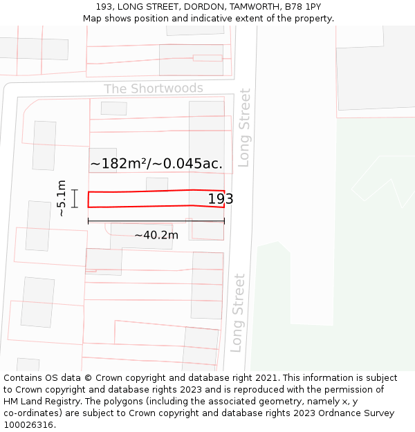 193, LONG STREET, DORDON, TAMWORTH, B78 1PY: Plot and title map
