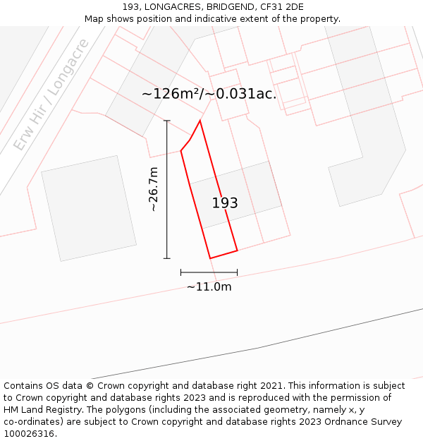 193, LONGACRES, BRIDGEND, CF31 2DE: Plot and title map