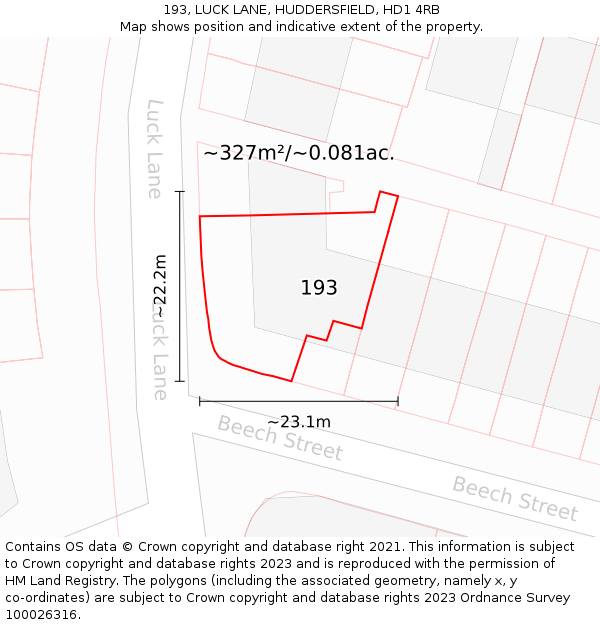 193, LUCK LANE, HUDDERSFIELD, HD1 4RB: Plot and title map