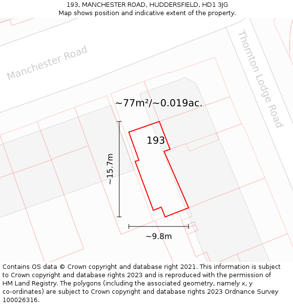 193, MANCHESTER ROAD, HUDDERSFIELD, HD1 3JG: Plot and title map