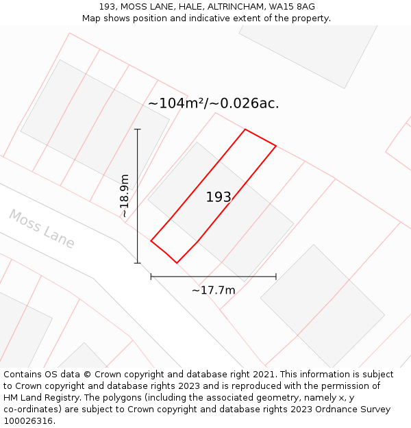 193, MOSS LANE, HALE, ALTRINCHAM, WA15 8AG: Plot and title map