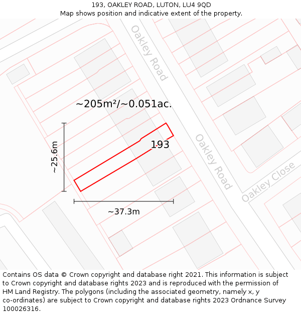 193, OAKLEY ROAD, LUTON, LU4 9QD: Plot and title map