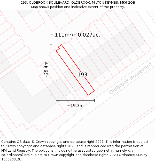 193, OLDBROOK BOULEVARD, OLDBROOK, MILTON KEYNES, MK6 2QB: Plot and title map