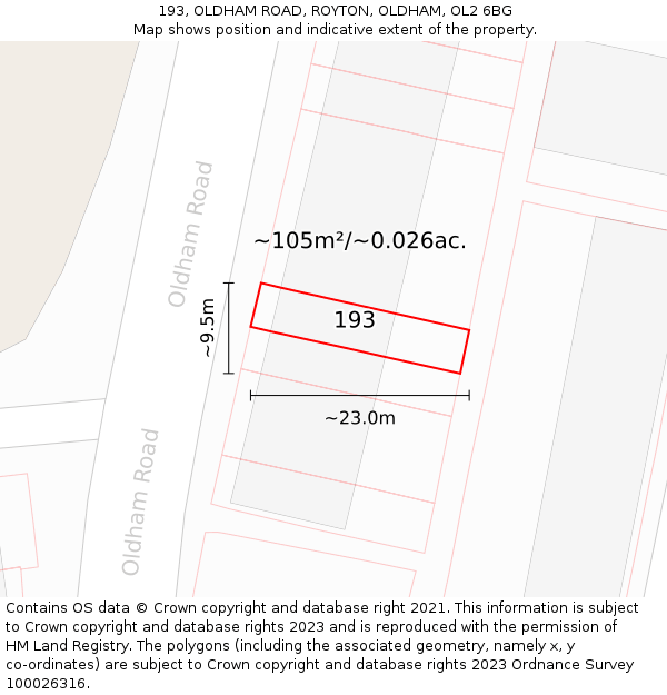 193, OLDHAM ROAD, ROYTON, OLDHAM, OL2 6BG: Plot and title map