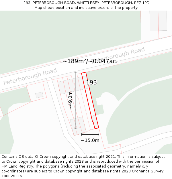 193, PETERBOROUGH ROAD, WHITTLESEY, PETERBOROUGH, PE7 1PD: Plot and title map