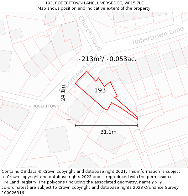 193, ROBERTTOWN LANE, LIVERSEDGE, WF15 7LE: Plot and title map