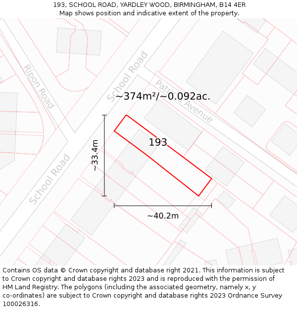193, SCHOOL ROAD, YARDLEY WOOD, BIRMINGHAM, B14 4ER: Plot and title map