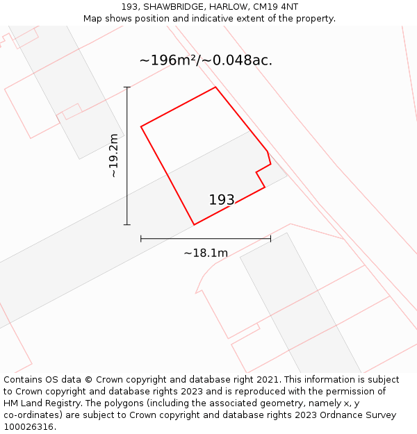 193, SHAWBRIDGE, HARLOW, CM19 4NT: Plot and title map