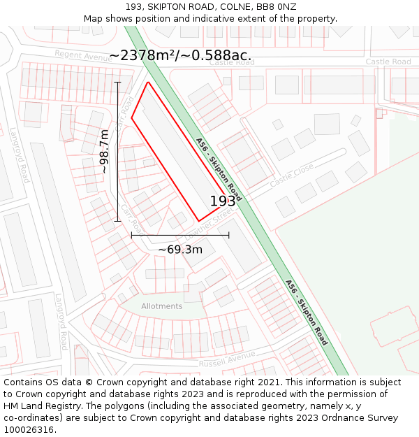 193, SKIPTON ROAD, COLNE, BB8 0NZ: Plot and title map