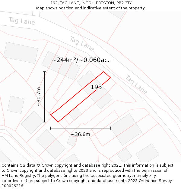193, TAG LANE, INGOL, PRESTON, PR2 3TY: Plot and title map