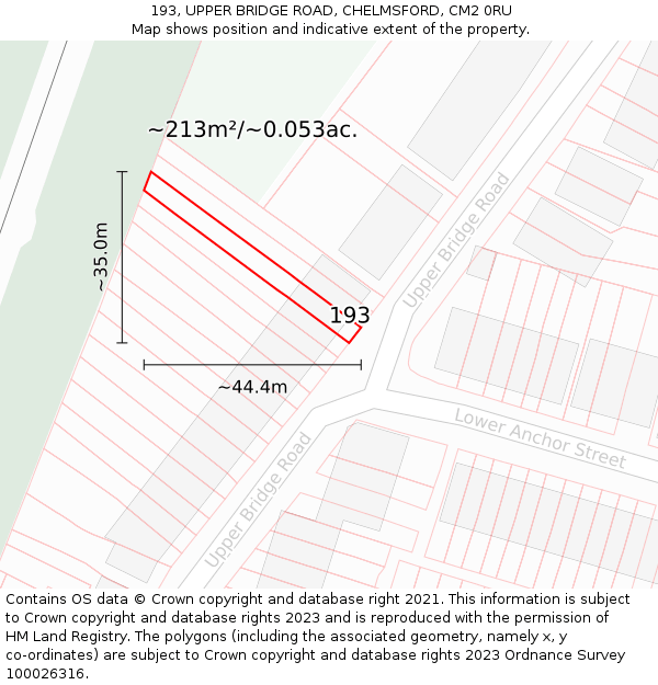 193, UPPER BRIDGE ROAD, CHELMSFORD, CM2 0RU: Plot and title map