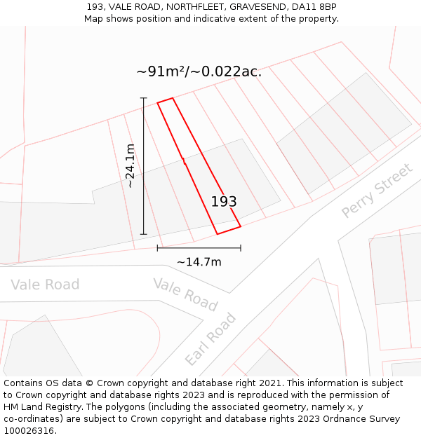 193, VALE ROAD, NORTHFLEET, GRAVESEND, DA11 8BP: Plot and title map