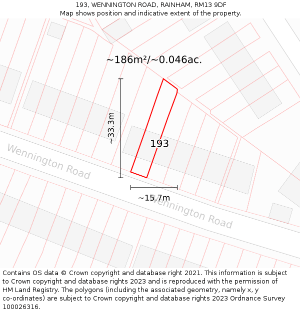193, WENNINGTON ROAD, RAINHAM, RM13 9DF: Plot and title map