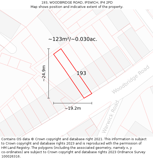 193, WOODBRIDGE ROAD, IPSWICH, IP4 2PD: Plot and title map