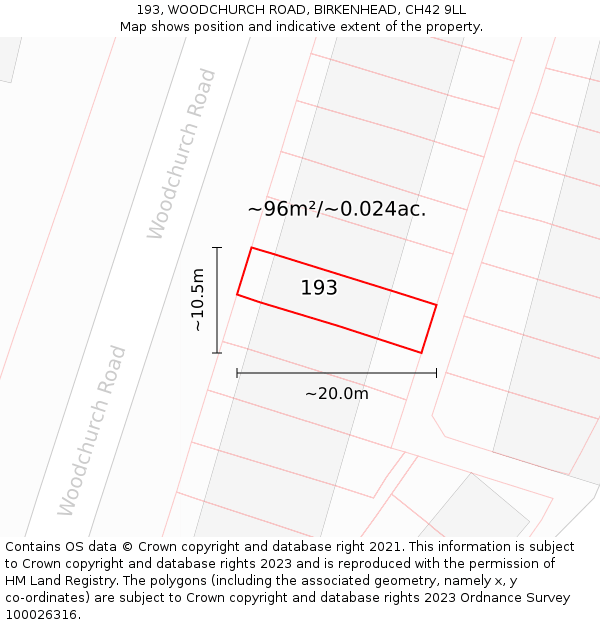 193, WOODCHURCH ROAD, BIRKENHEAD, CH42 9LL: Plot and title map