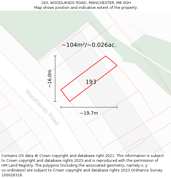 193, WOODLANDS ROAD, MANCHESTER, M8 0GH: Plot and title map