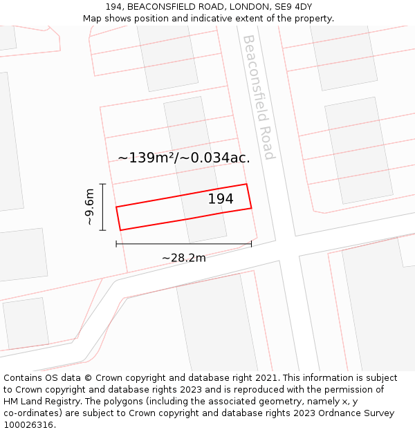 194, BEACONSFIELD ROAD, LONDON, SE9 4DY: Plot and title map