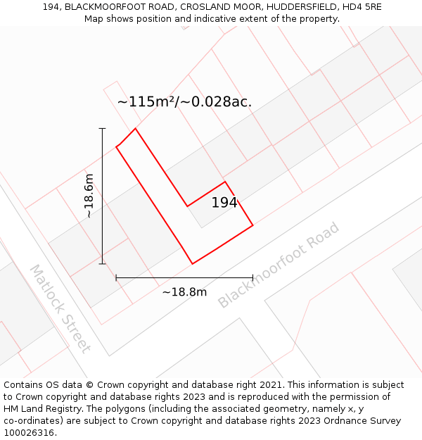 194, BLACKMOORFOOT ROAD, CROSLAND MOOR, HUDDERSFIELD, HD4 5RE: Plot and title map