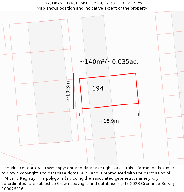 194, BRYNFEDW, LLANEDEYRN, CARDIFF, CF23 9PW: Plot and title map