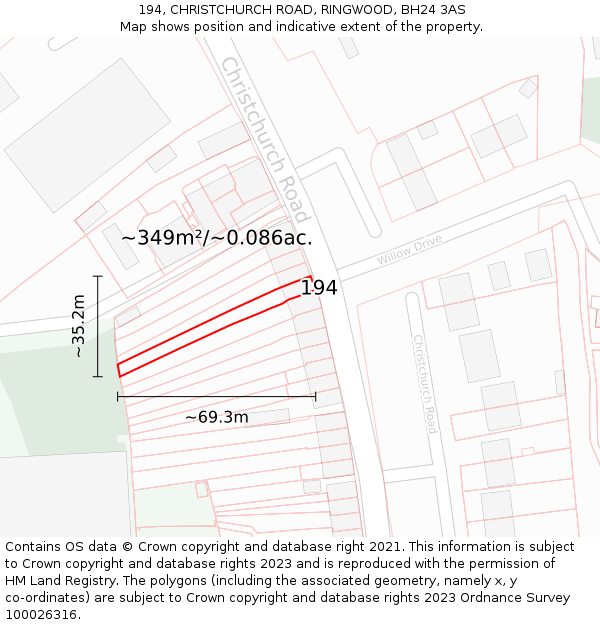 194, CHRISTCHURCH ROAD, RINGWOOD, BH24 3AS: Plot and title map