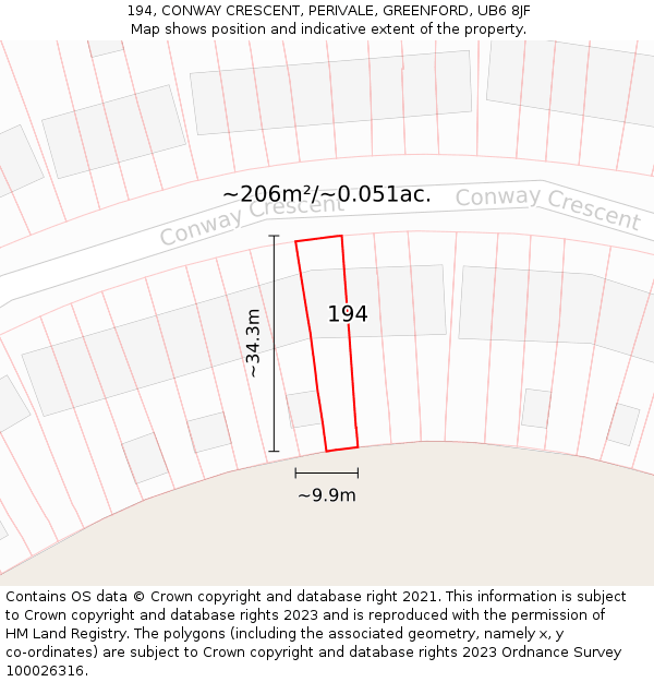 194, CONWAY CRESCENT, PERIVALE, GREENFORD, UB6 8JF: Plot and title map