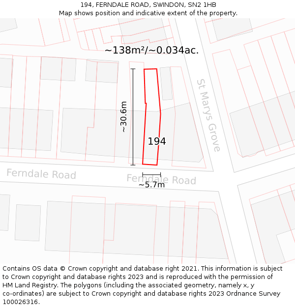 194, FERNDALE ROAD, SWINDON, SN2 1HB: Plot and title map