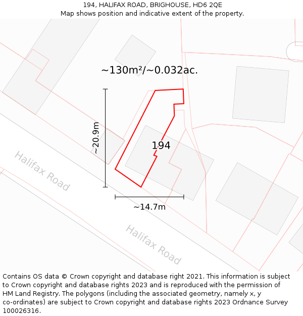 194, HALIFAX ROAD, BRIGHOUSE, HD6 2QE: Plot and title map