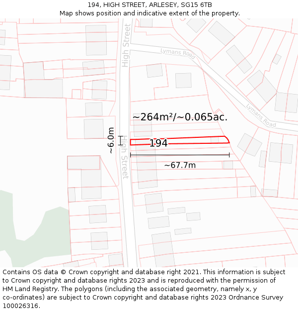 194, HIGH STREET, ARLESEY, SG15 6TB: Plot and title map