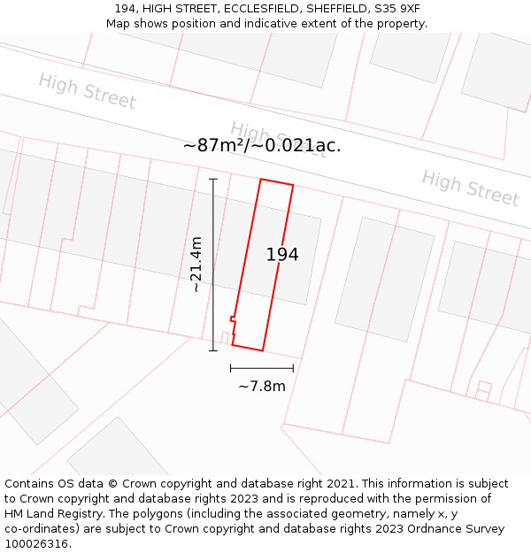 194, HIGH STREET, ECCLESFIELD, SHEFFIELD, S35 9XF: Plot and title map