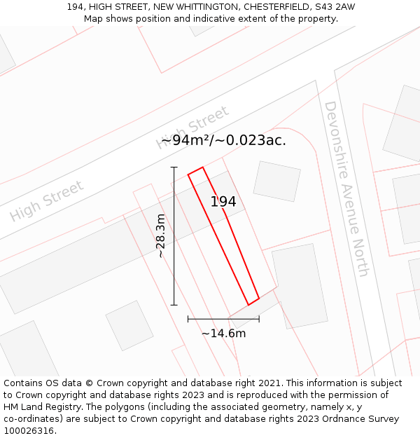 194, HIGH STREET, NEW WHITTINGTON, CHESTERFIELD, S43 2AW: Plot and title map